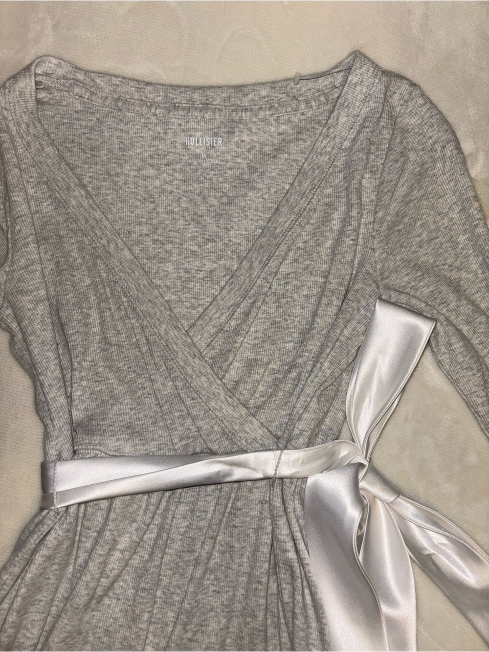 Hollister Light Gray Ribbed Wrap Lounge Dress with Satin Tie